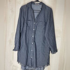 Francis‎ Cabrel denim shirt dress distressed hem and cuffs, size small